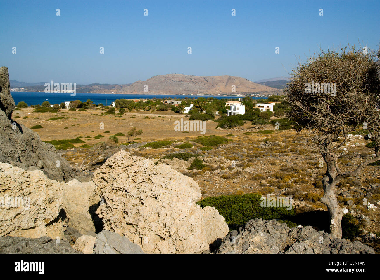 view of mountains and bay pefkos near lindos rhodes dodecanese islands greece Stock Photo