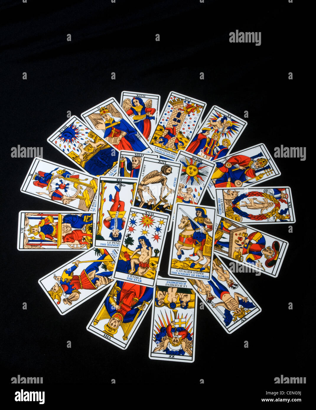 Tarot cards layed out in a sun shaped tarot spread Stock Photo