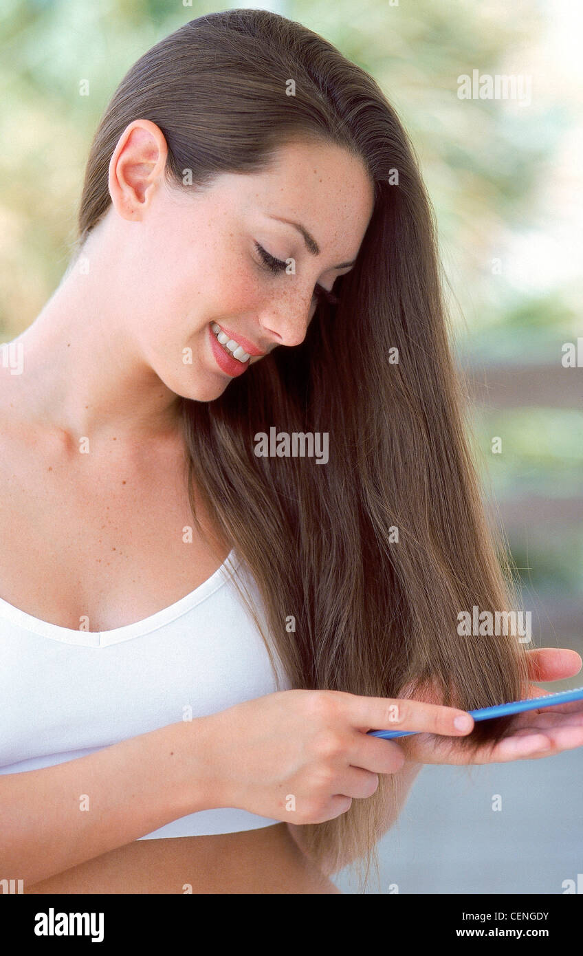Semi Profile Of Female Very Long Straight Brunette Hair Wearing