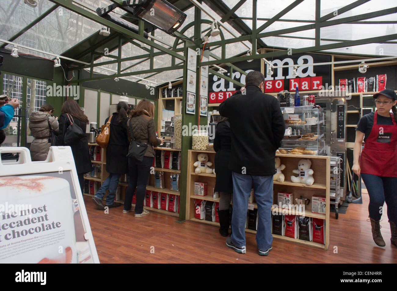 A temporary Aroma Espresso Bar in Bryant Park in New York Stock Photo