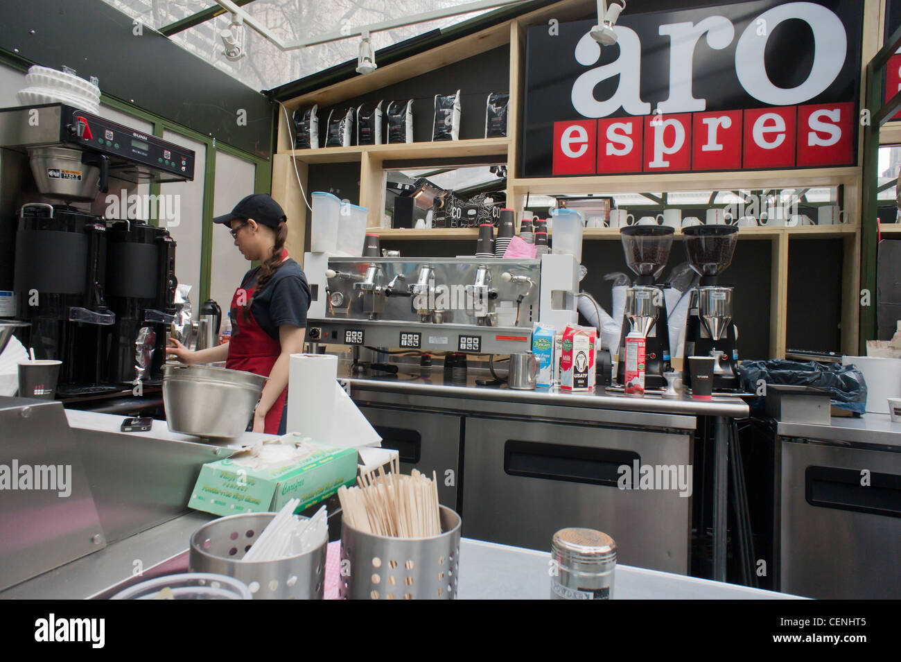 A temporary Aroma Espresso Bar in Bryant Park in New York Stock Photo