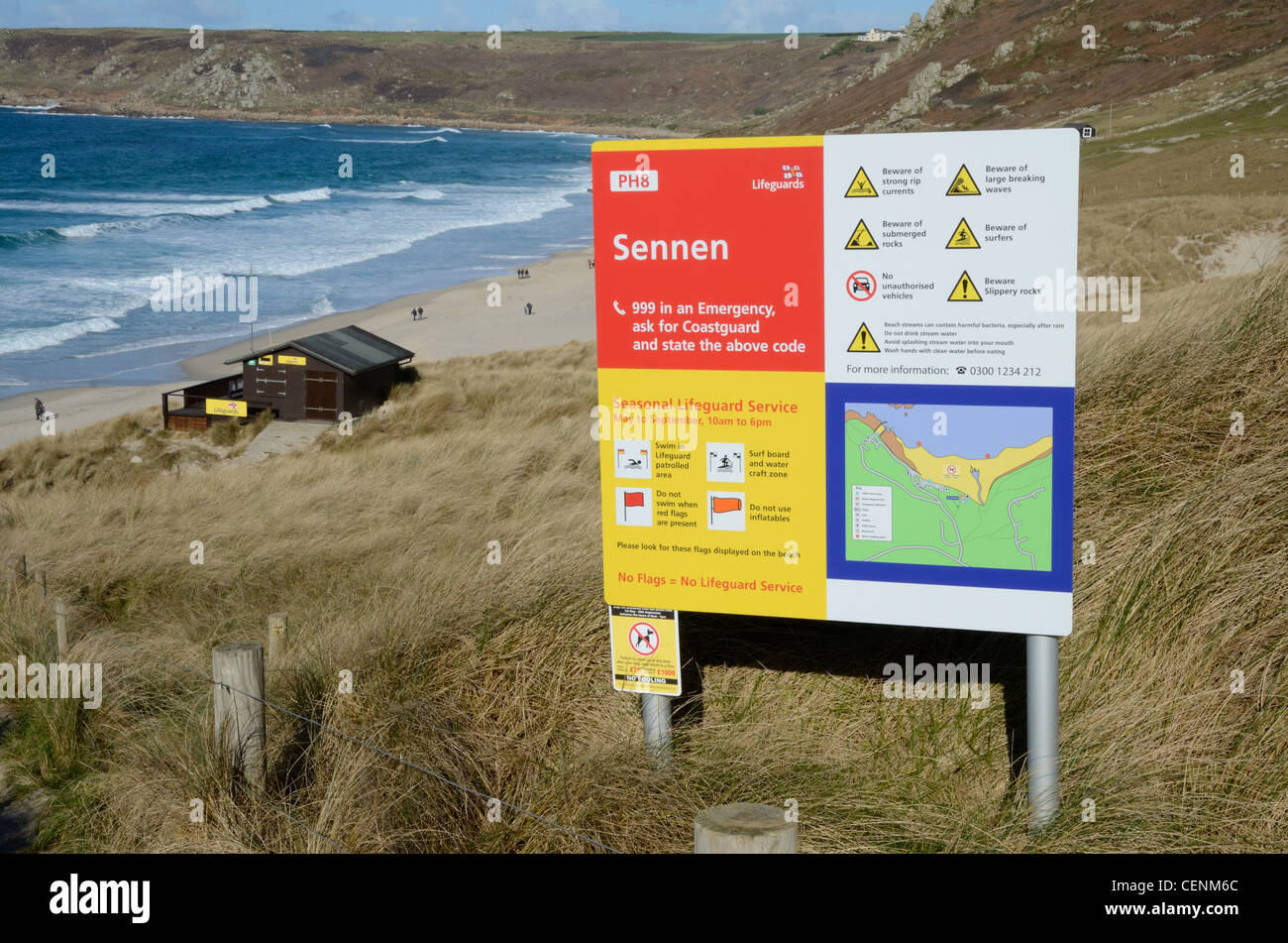 Just be Careful - H&S sign at Sennen Cove, Cornwall Stock Photo