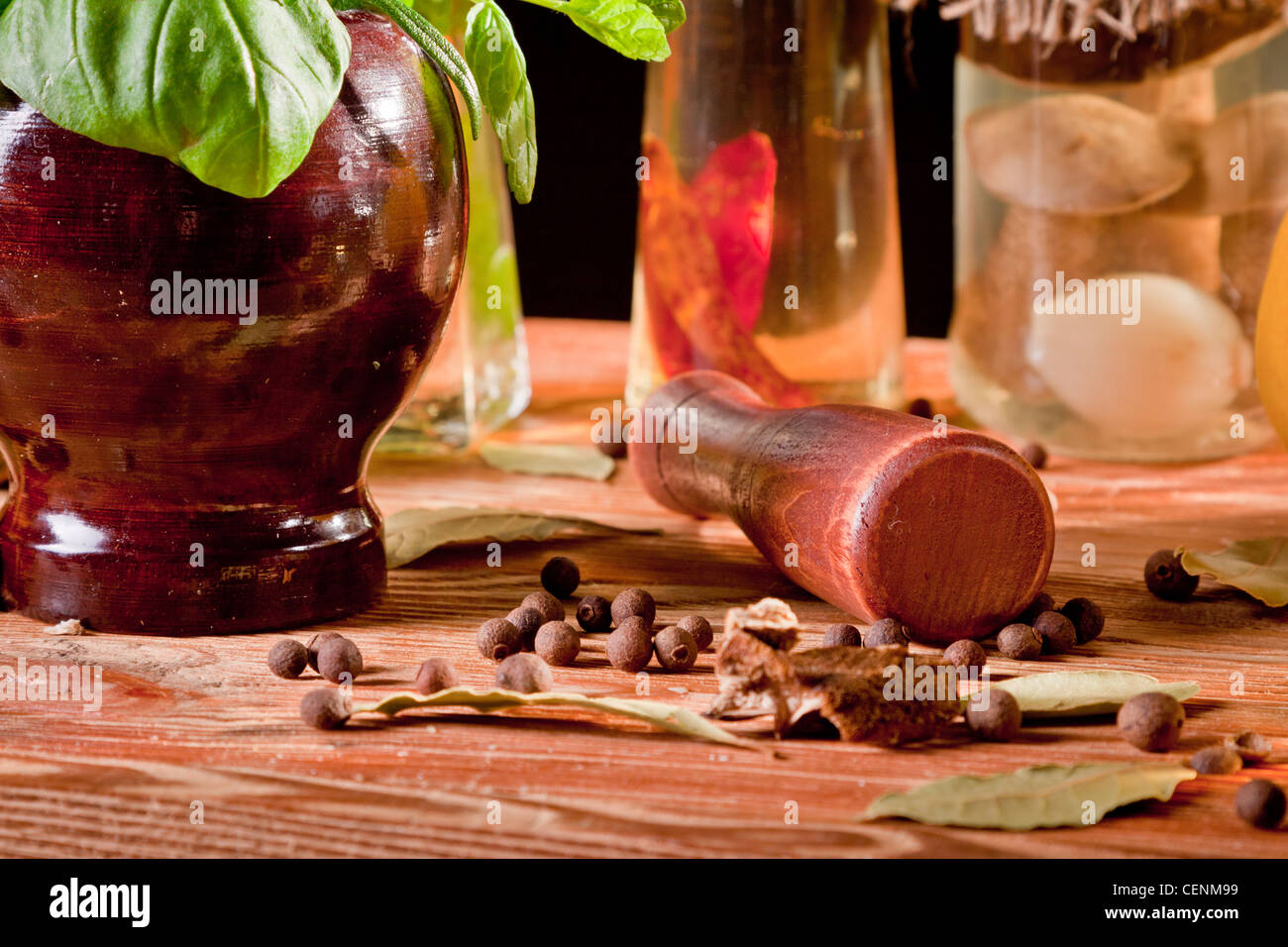 Mortar and pestle in kitchen Stock Photo Alamy
