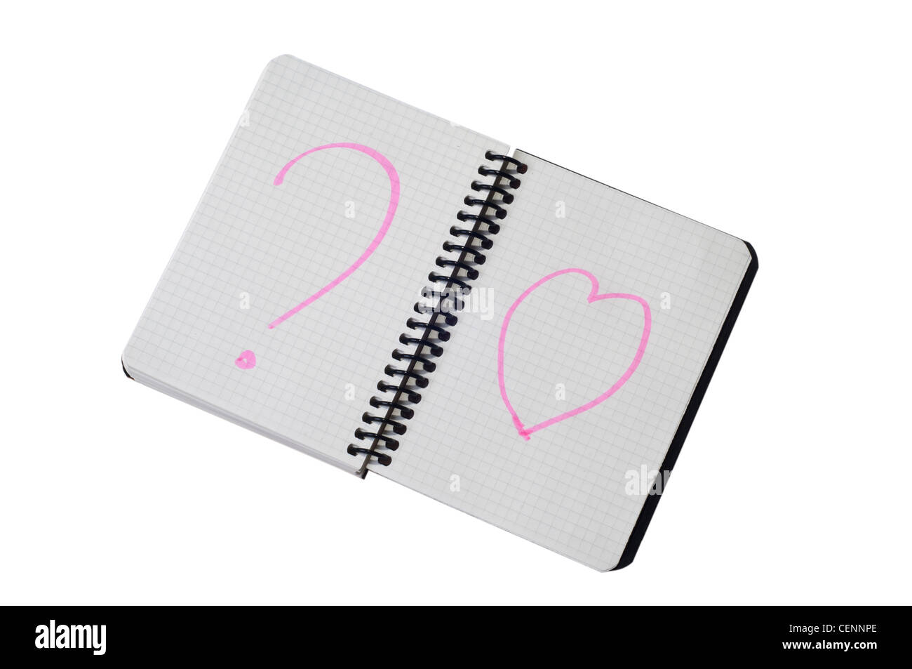 Open Spiral Notebook with Heart and Question Mark Doodles – Creative Expression Stock Photo