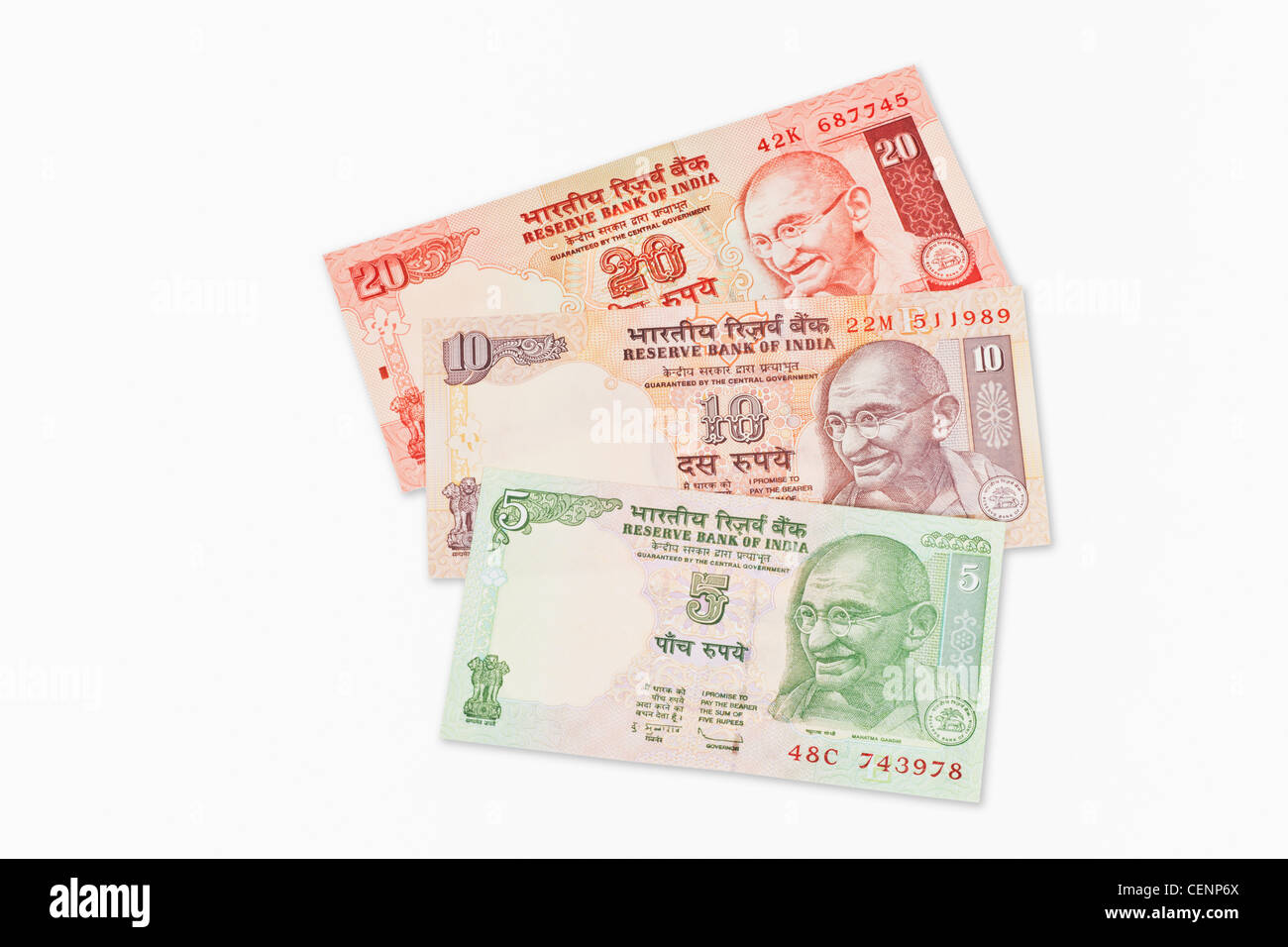 5, 10 and 20 Indian rupee bills with the portrait of Mahatma Gandhi, India, Asia Stock Photo