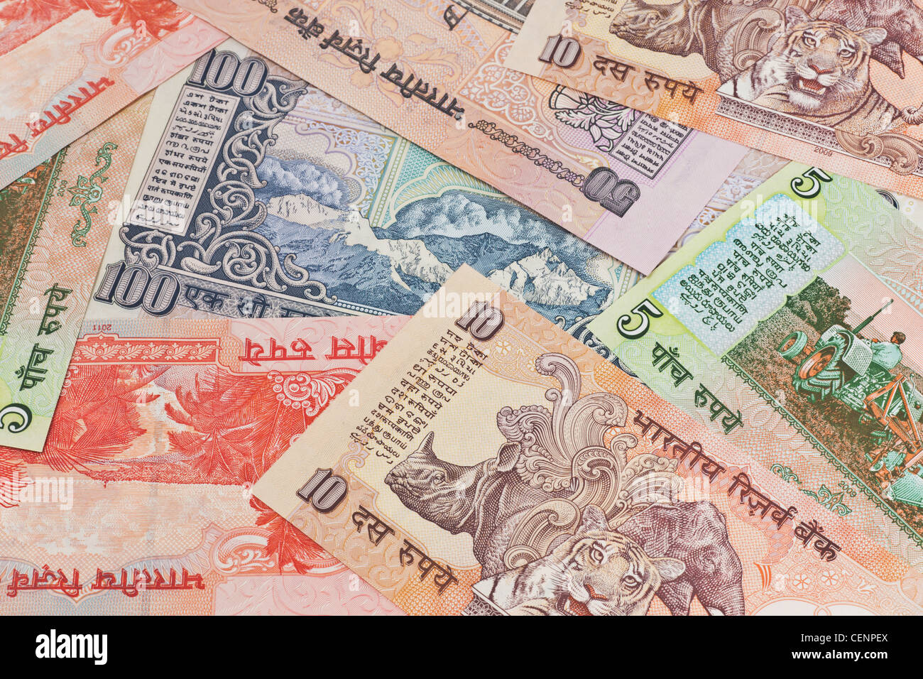 many Indian rupees bills lying side by side, India, Asia Stock Photo