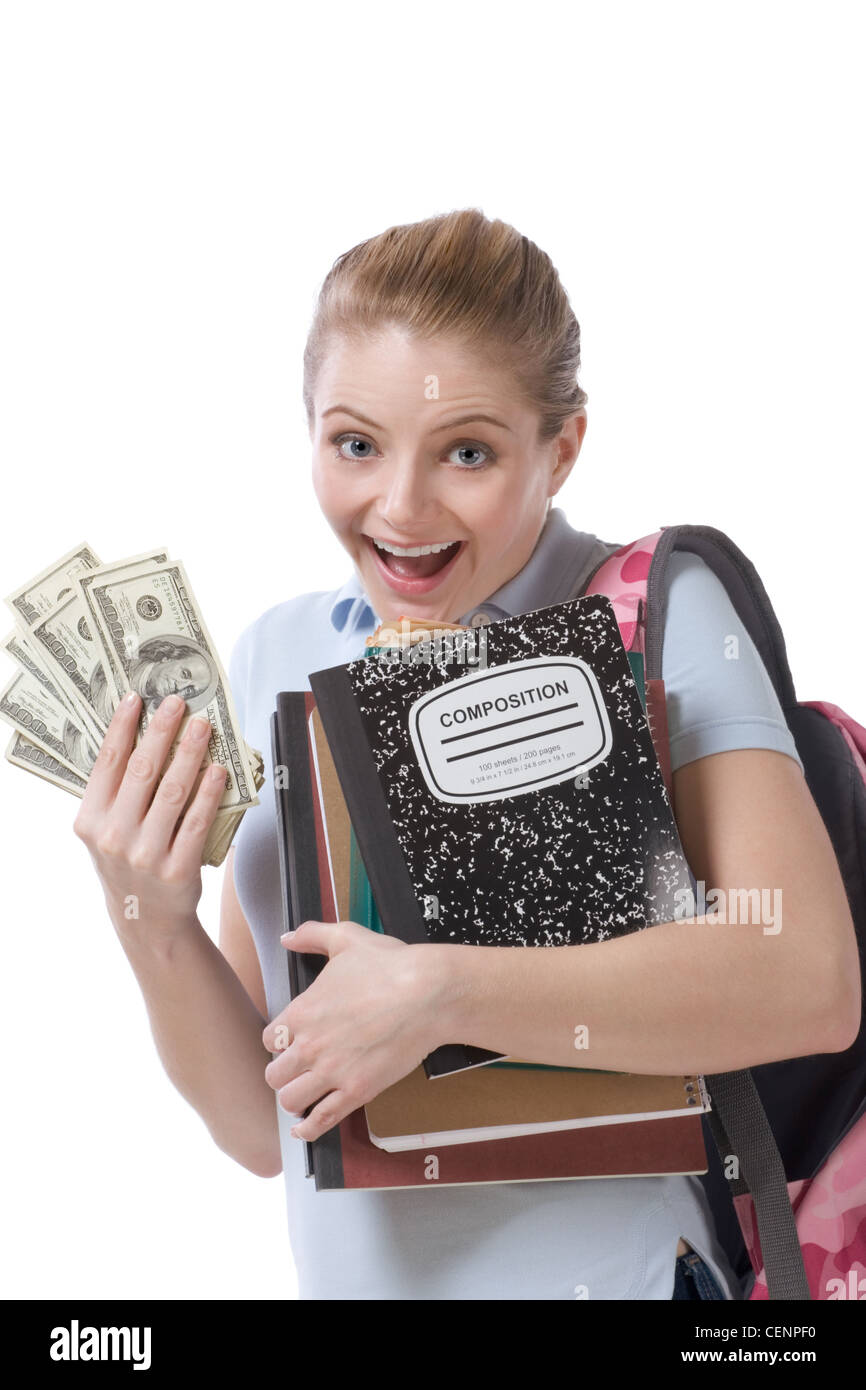 education financial aid Caucasian college student holds 100 (hundred) dollar bills happy getting money help subsidies university Stock Photo