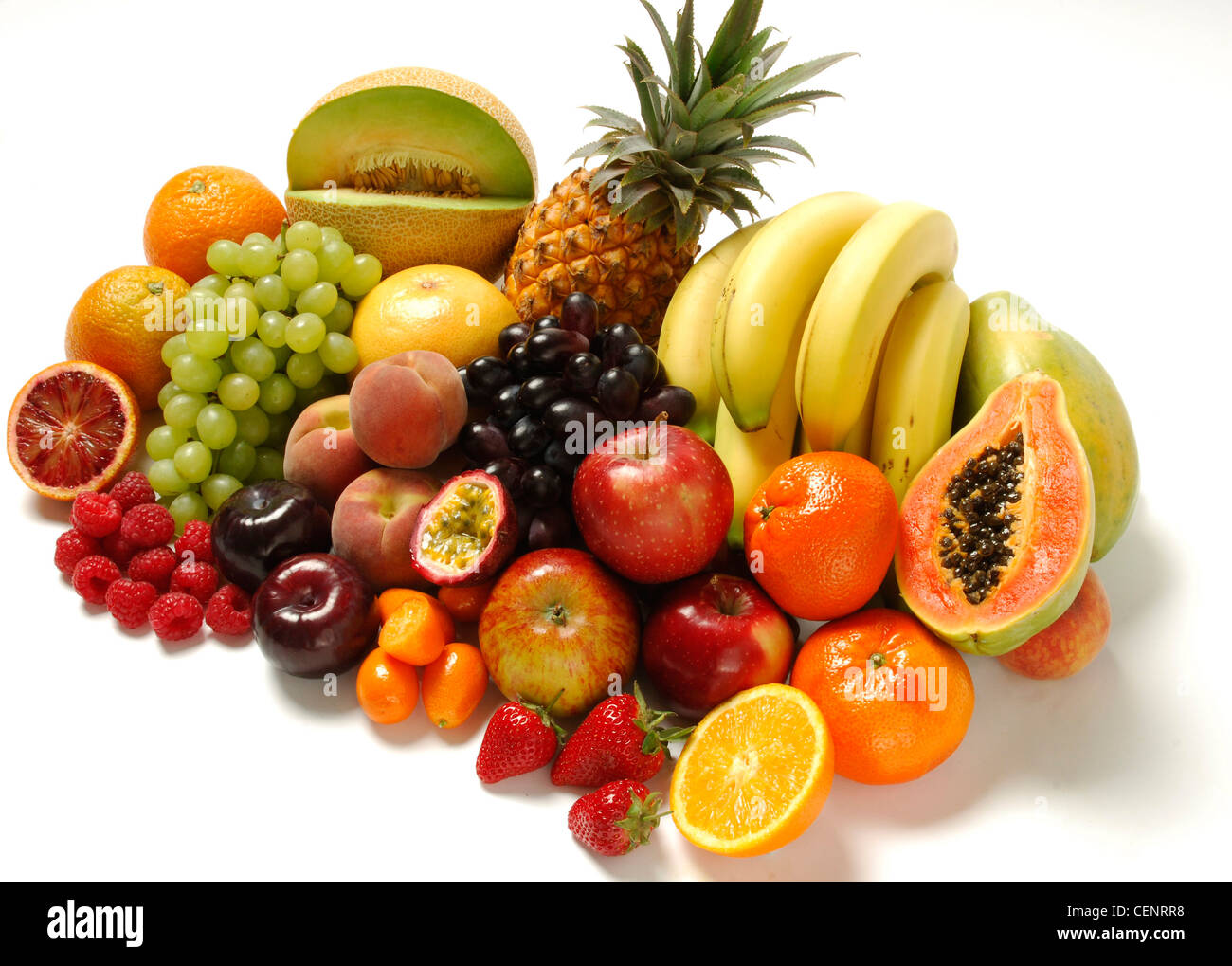 Pineapple, bananas, apples, red grapes, grapefruit, peaches, passion