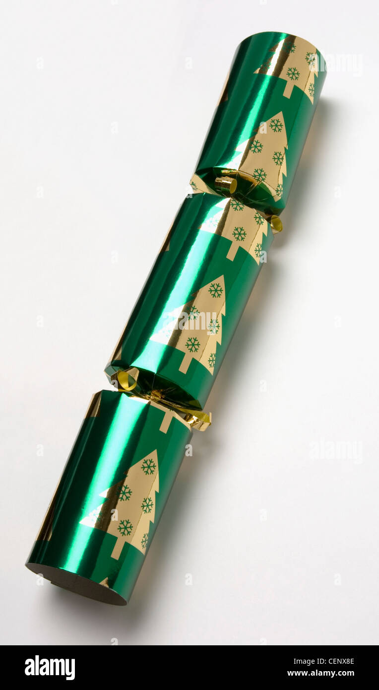 Green Christmas cracker with gold Christmas tree and snowflake design ...