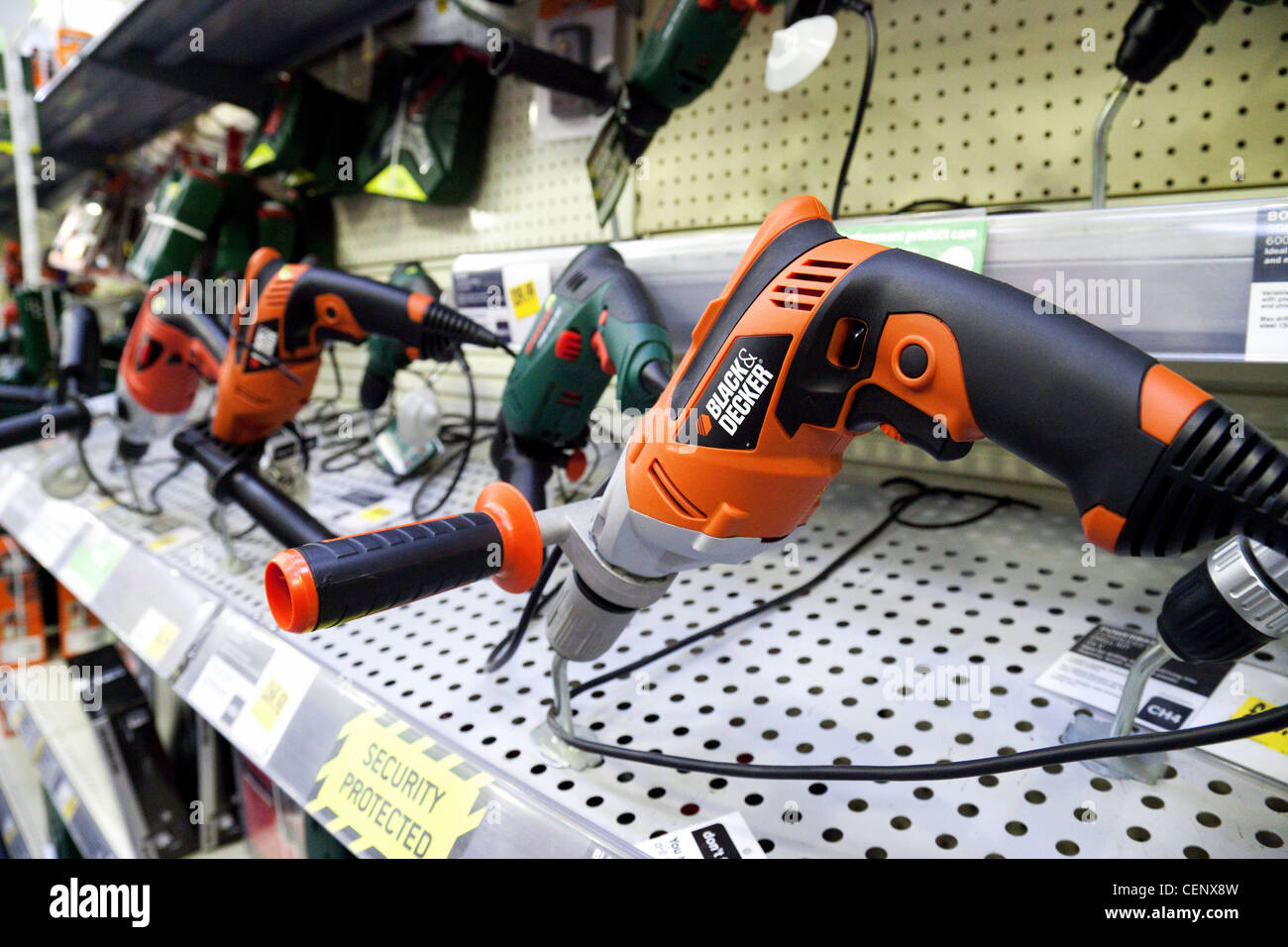 Electrical goods for sale UK; Black & Decker power tools for sale in a hardware store, Homebase UK Stock Photo