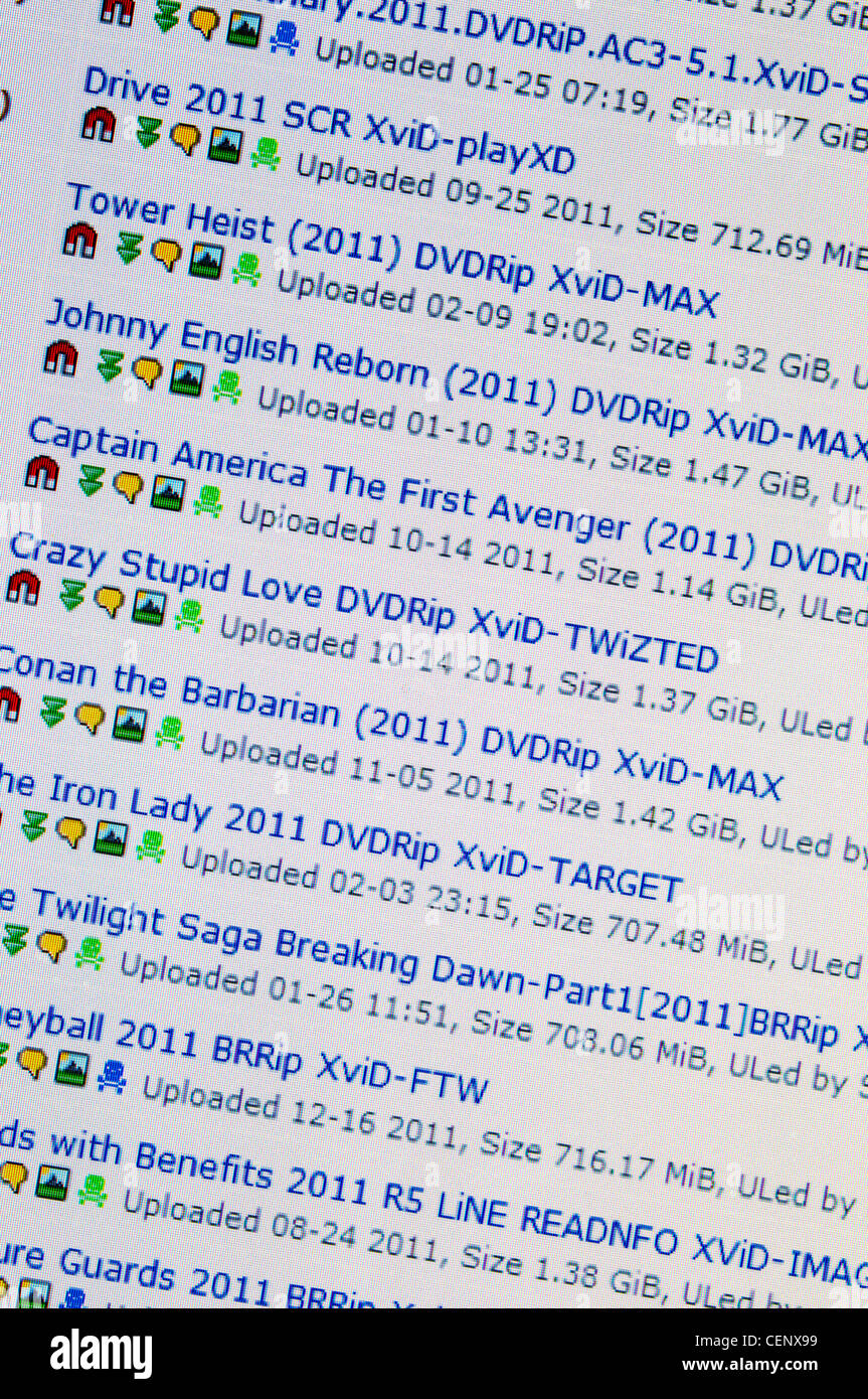 Listing of film DVD files available for downloading on The Pirate Bay BitTorrent website Stock Photo