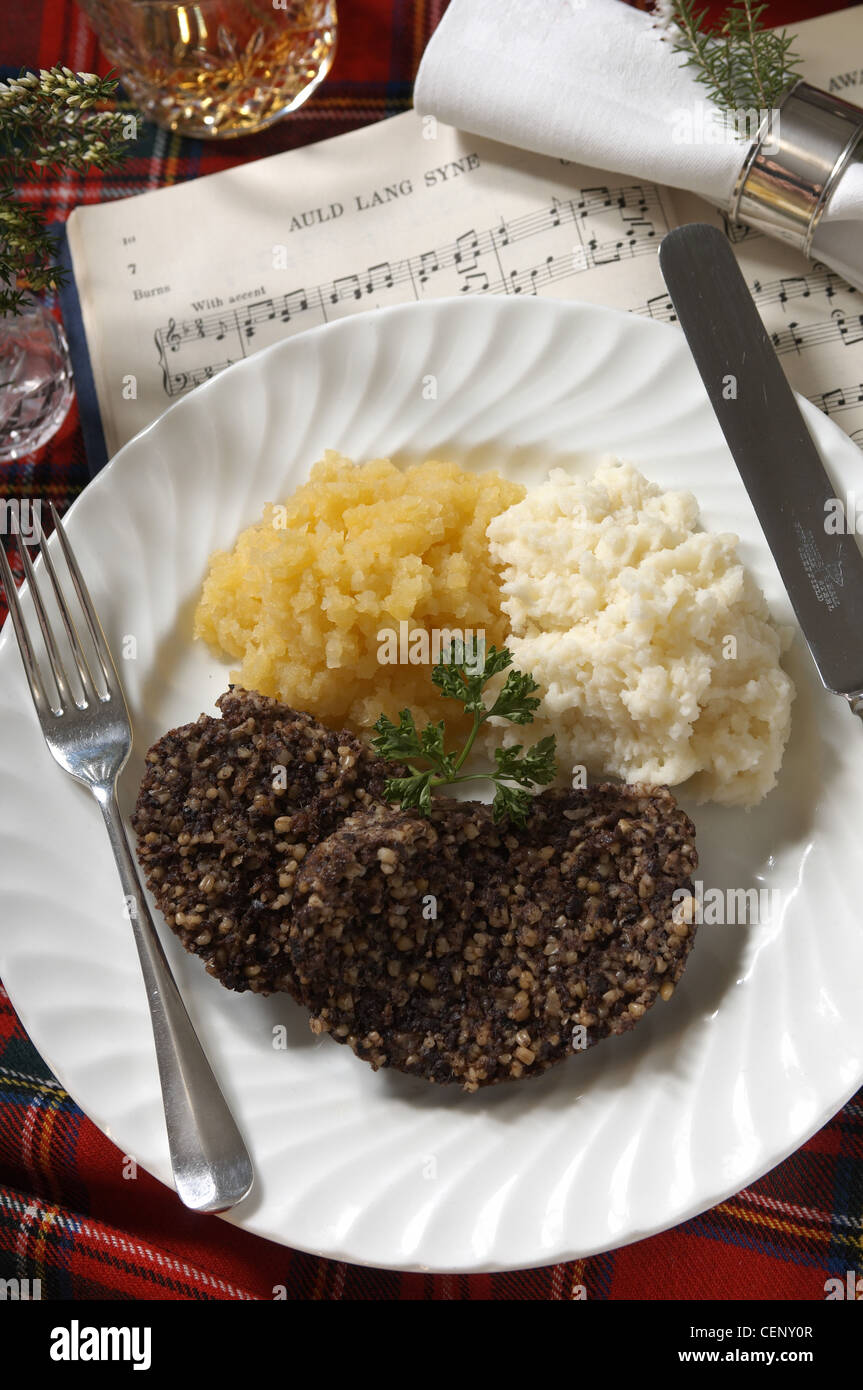 Traditional Burns night meal of Haggis potato and turnips Neeps and