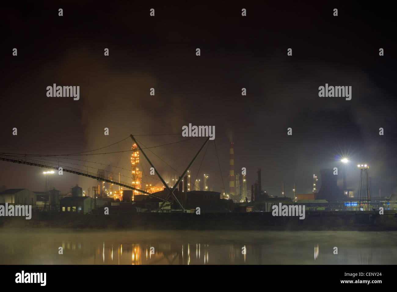 Oil Refinery at Night Stock Photo