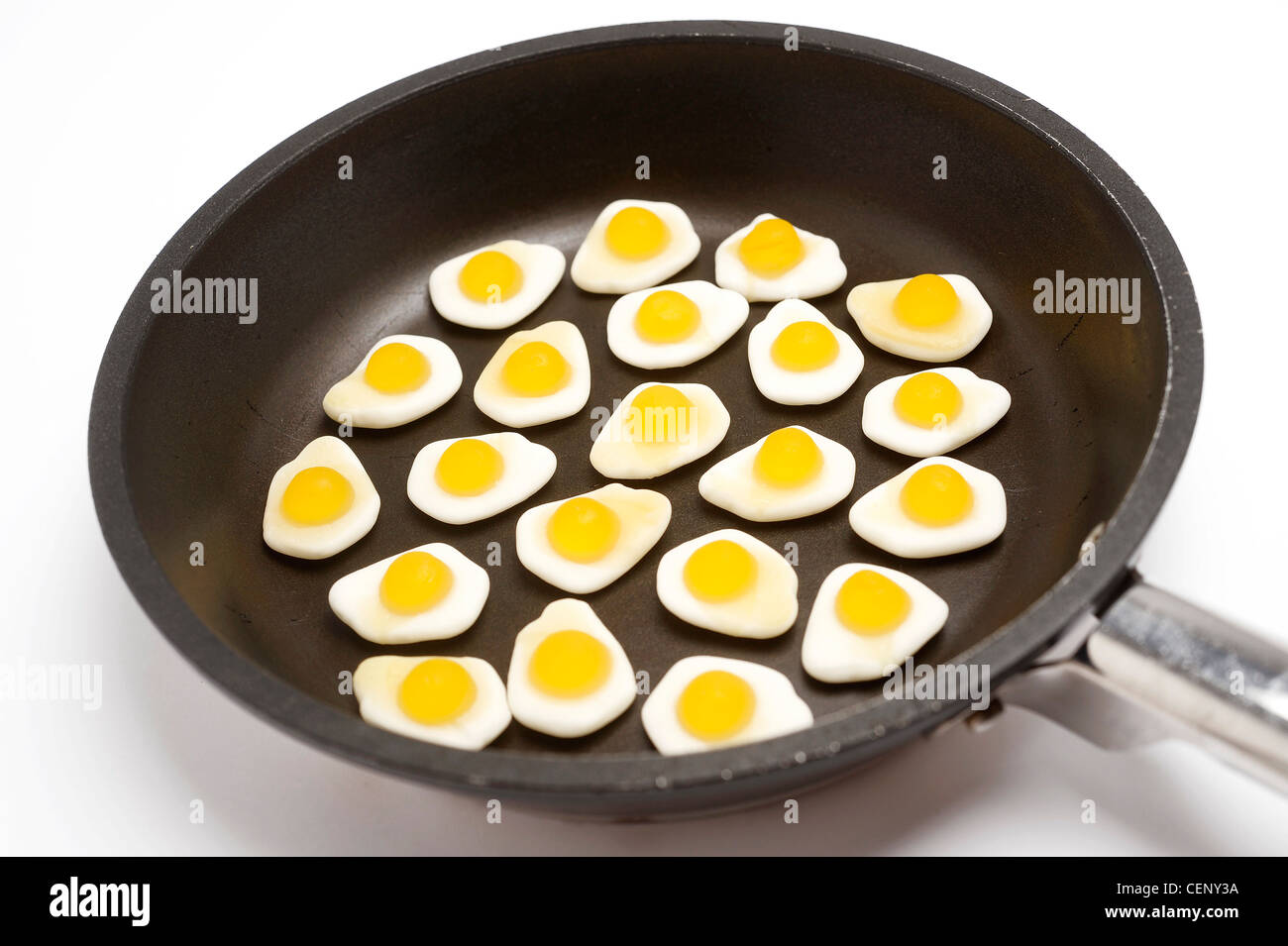 Gummy fried egg sweets in a frying pan Stock Photo Alamy