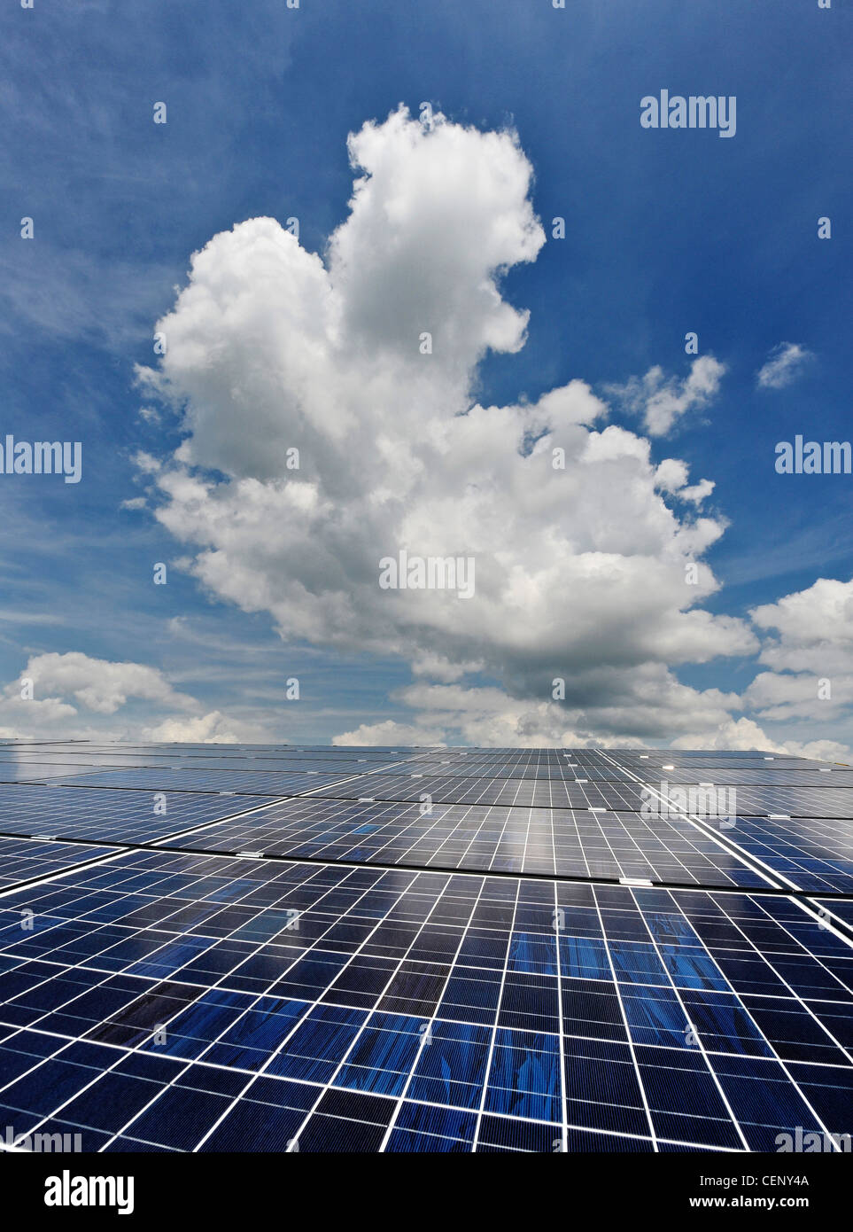 Solar PV panels appear to stretch to infinity on a farm roof with clouds above. Stock Photo