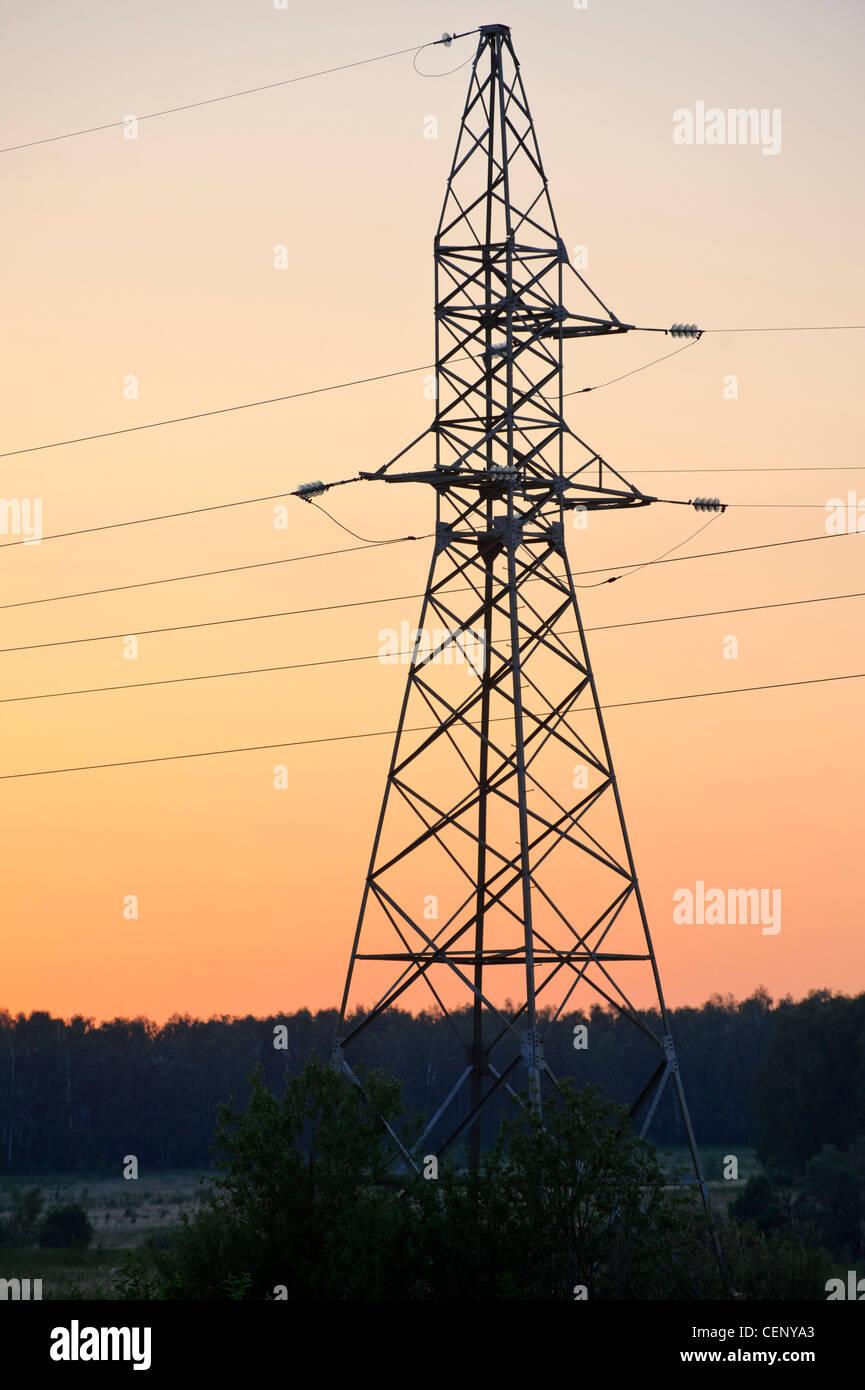 High voltage power lines in twilight Stock Photo - Alamy