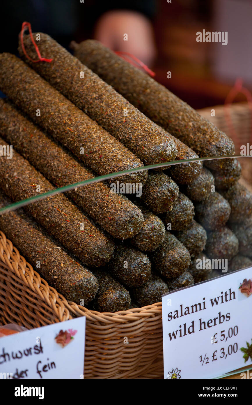 German Salami Sausage for sale on Christmas Market Stall at Leeds, West