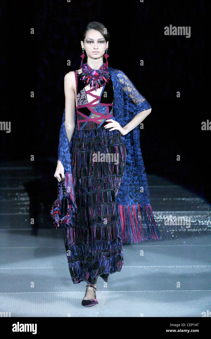 Armani Milan Ready to Wear Autumn Winter  Ethnic style sleeveless long blue fringed dress with long shawl Stock Photo