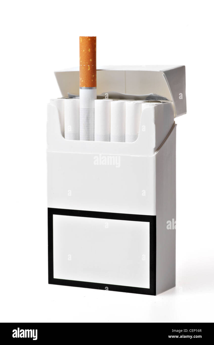 opened pack of cigarettes Studio shot of an opened pack of cigarettes, with a different cigarette  popping out Stock Photo