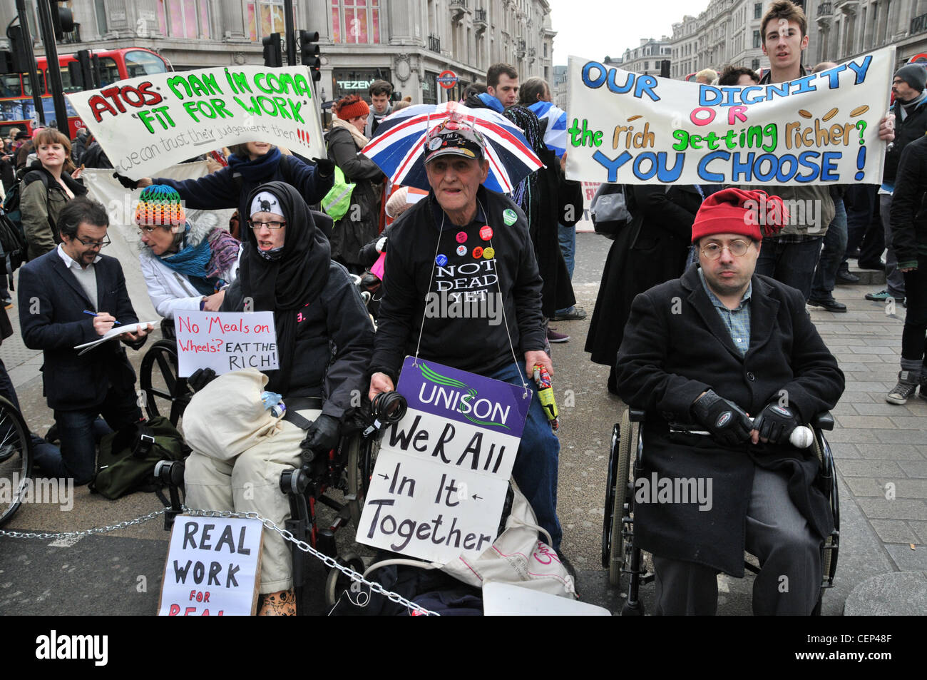 Welfare Reform Bill protest Oxford Circus London Disabled people block Regent Street Stock Photo