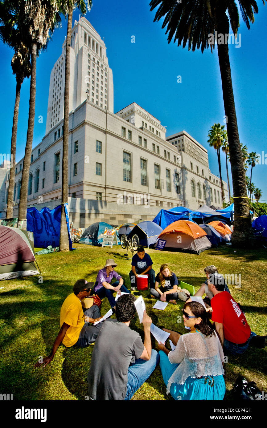 A group of Occupy Wall Street protesters discuss issues outside Los Angeles City Hall in October, 2011 Stock Photo