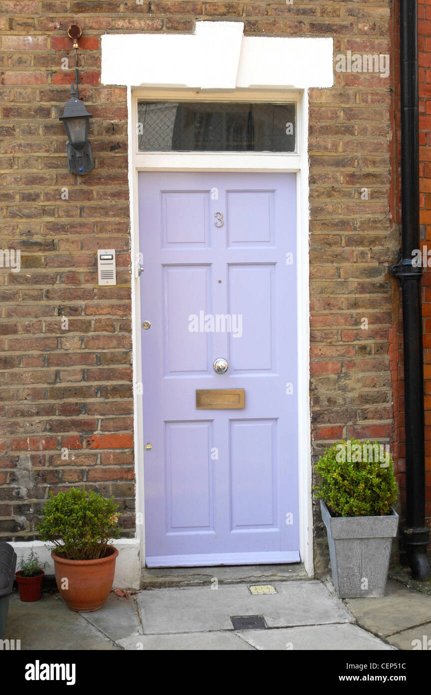Mauve front door with Two pot plants either side Stock Photo Alamy
