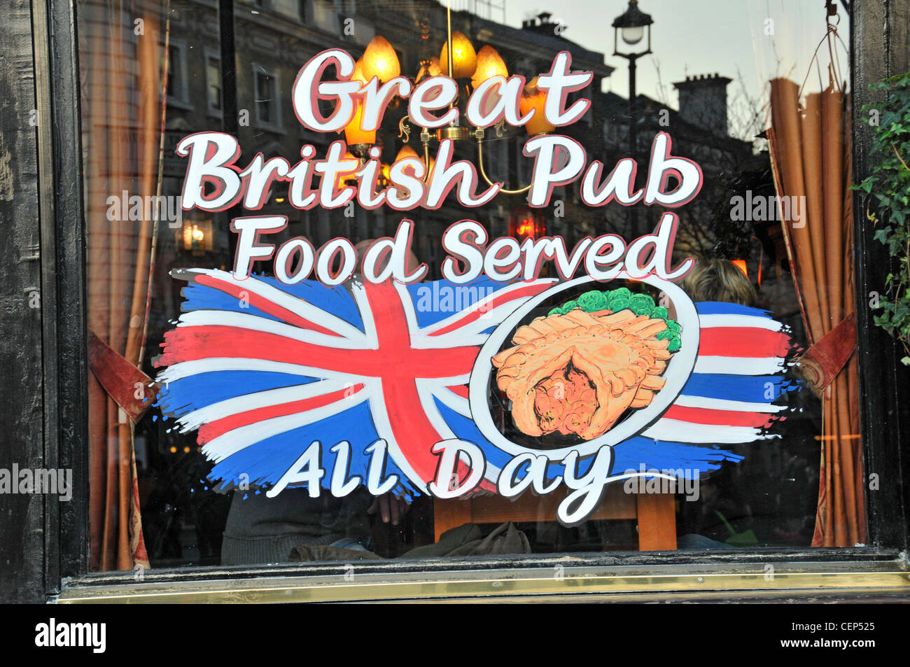 British Pub food all day pub sign English food Union Jack flag