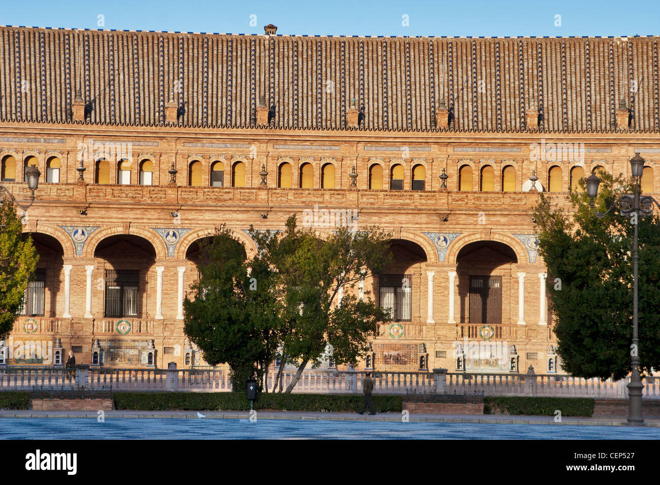 Spain, Seville, Plaza de Espana detail of colonnade and canal Stock Photo
