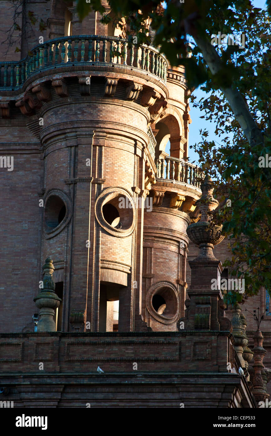 Spain,  Seville Plaza de Espana Tower. detail of towers, balconies, window treatment, Anibal Gonzalez architect Stock Photo