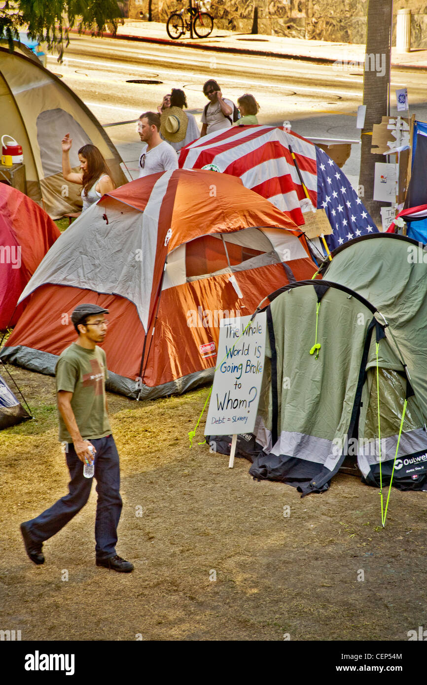 Tents of the Occupy Wall Street protest at Los Angeles City Hall in October, 2011. Signs express anti-establishment opinions. Stock Photo