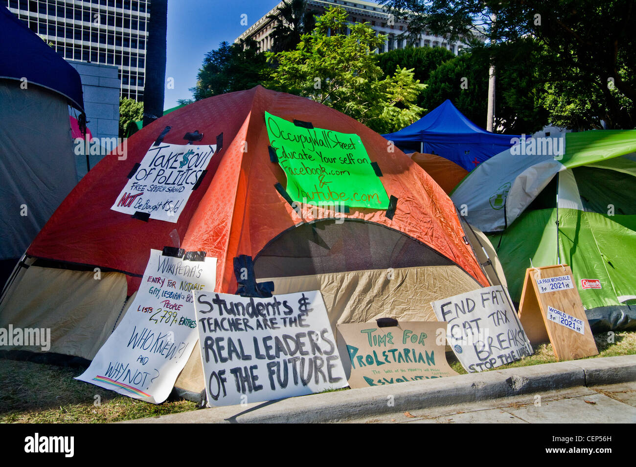 Tents of the Occupy Wall Street protest encampment at Los Angeles City Hall in October, 2011. Stock Photo