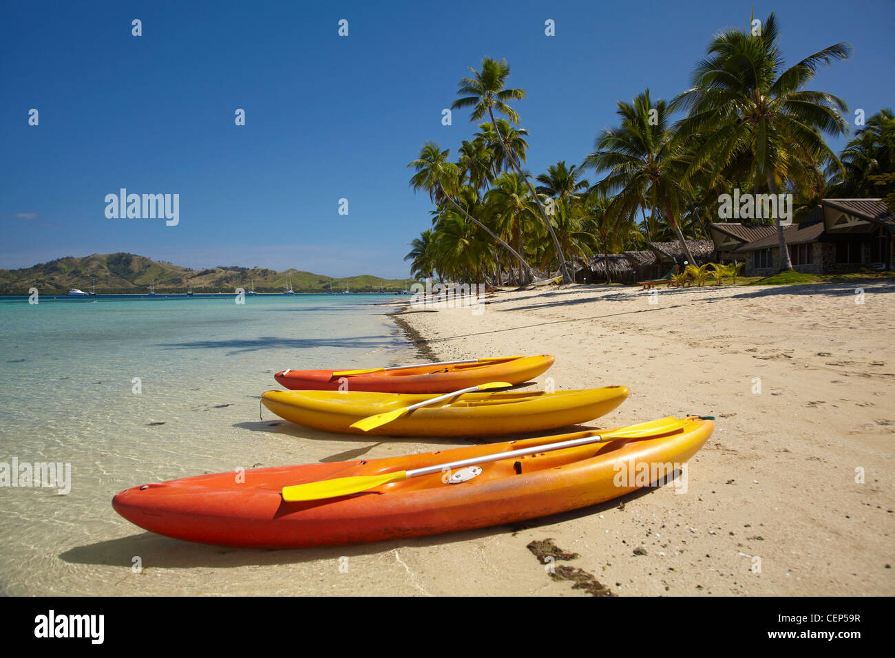 Kayaks on the beach, Plantation Island Resort, Malolo Lailai Island, Mamanuca Islands, Fiji