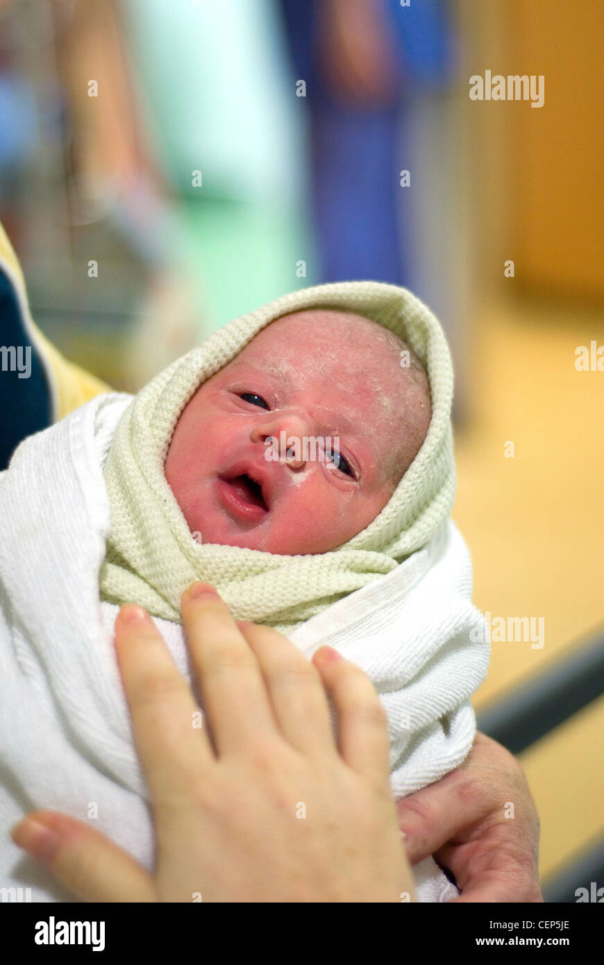 A newborn female baby wrapped in blankets being held by a female relative after being born Stock