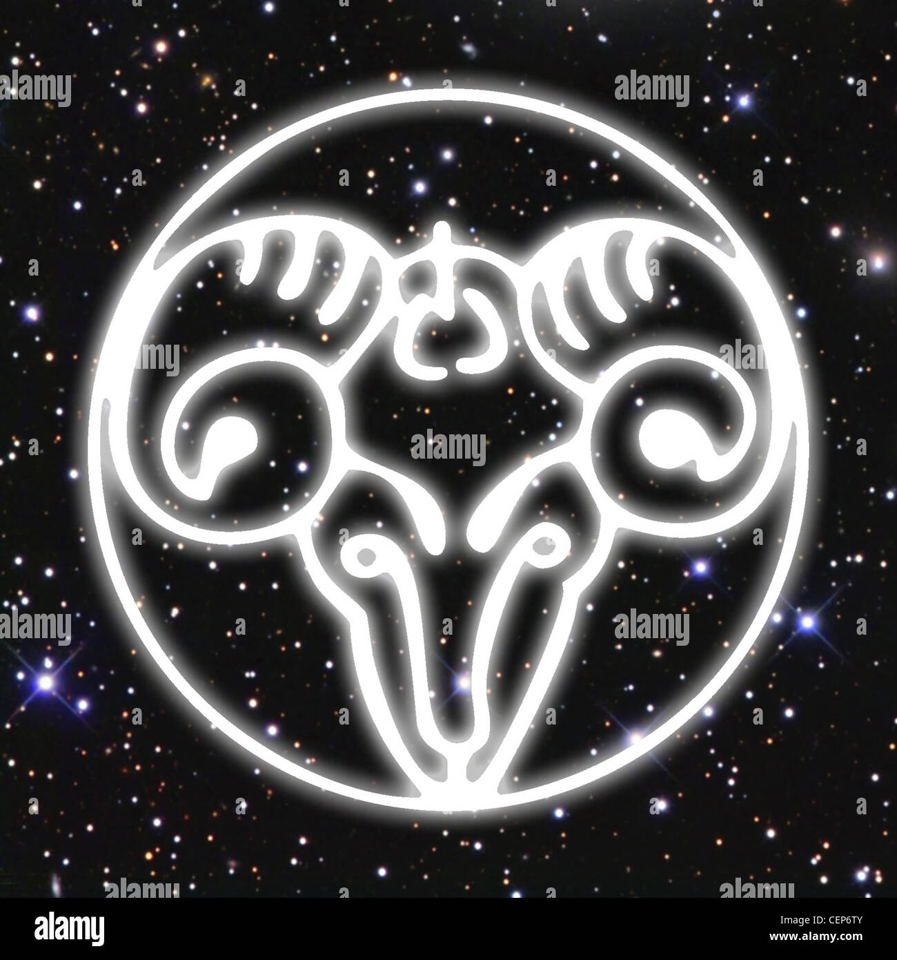 An illustration of the head of a white ram in a circle, set against a background of space filled with stars Stock Photo