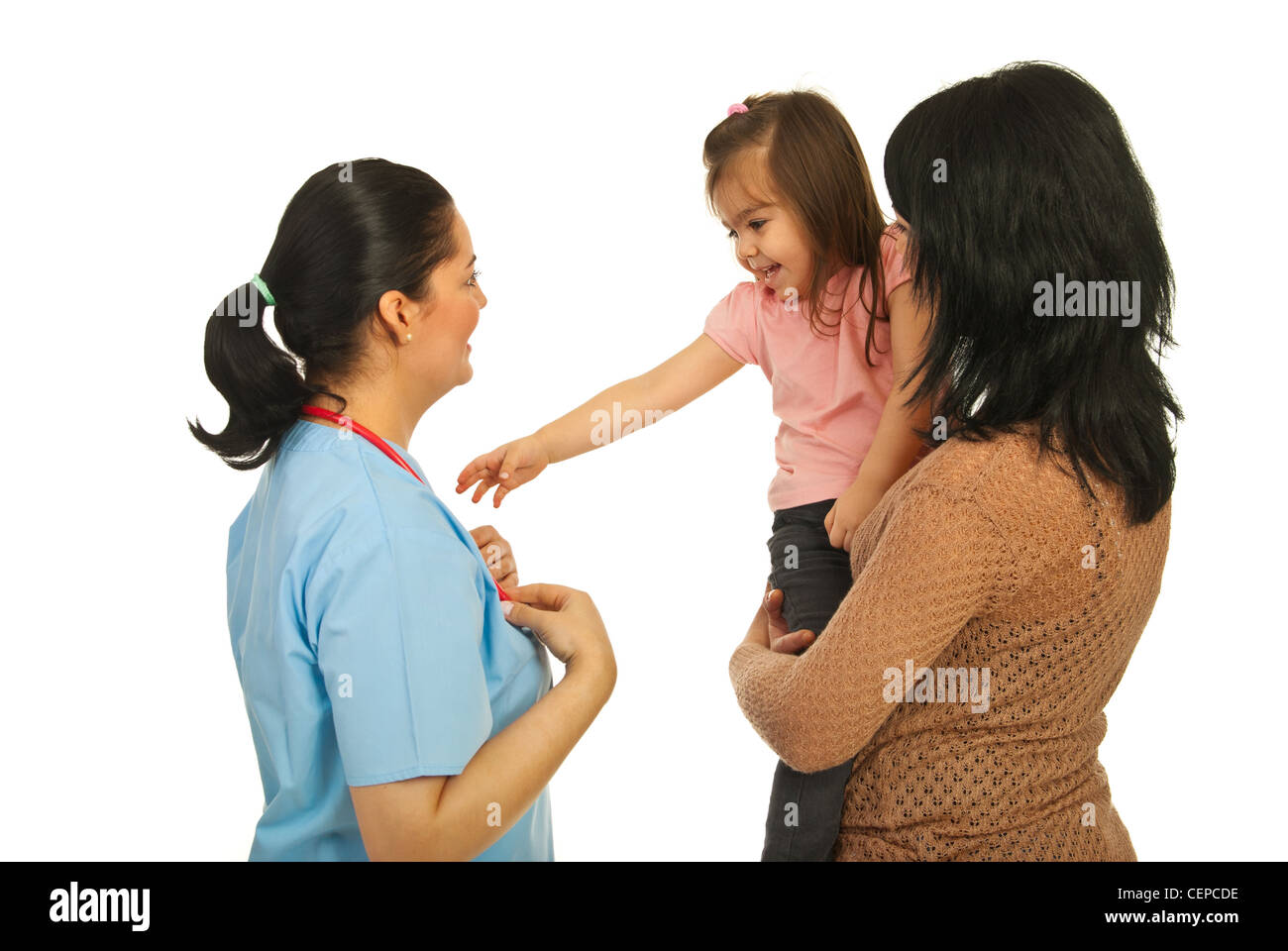 Mother And Smiling Daughter Having Happy Conversation With Doctor Mother And Smiling Daughter Having Happy Conversation With Doctor