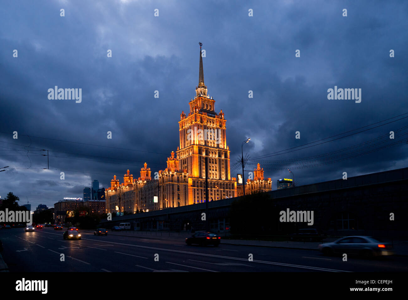Illuminated hotel Radisson Ukraina in Moscow. Russia. Stock Photo