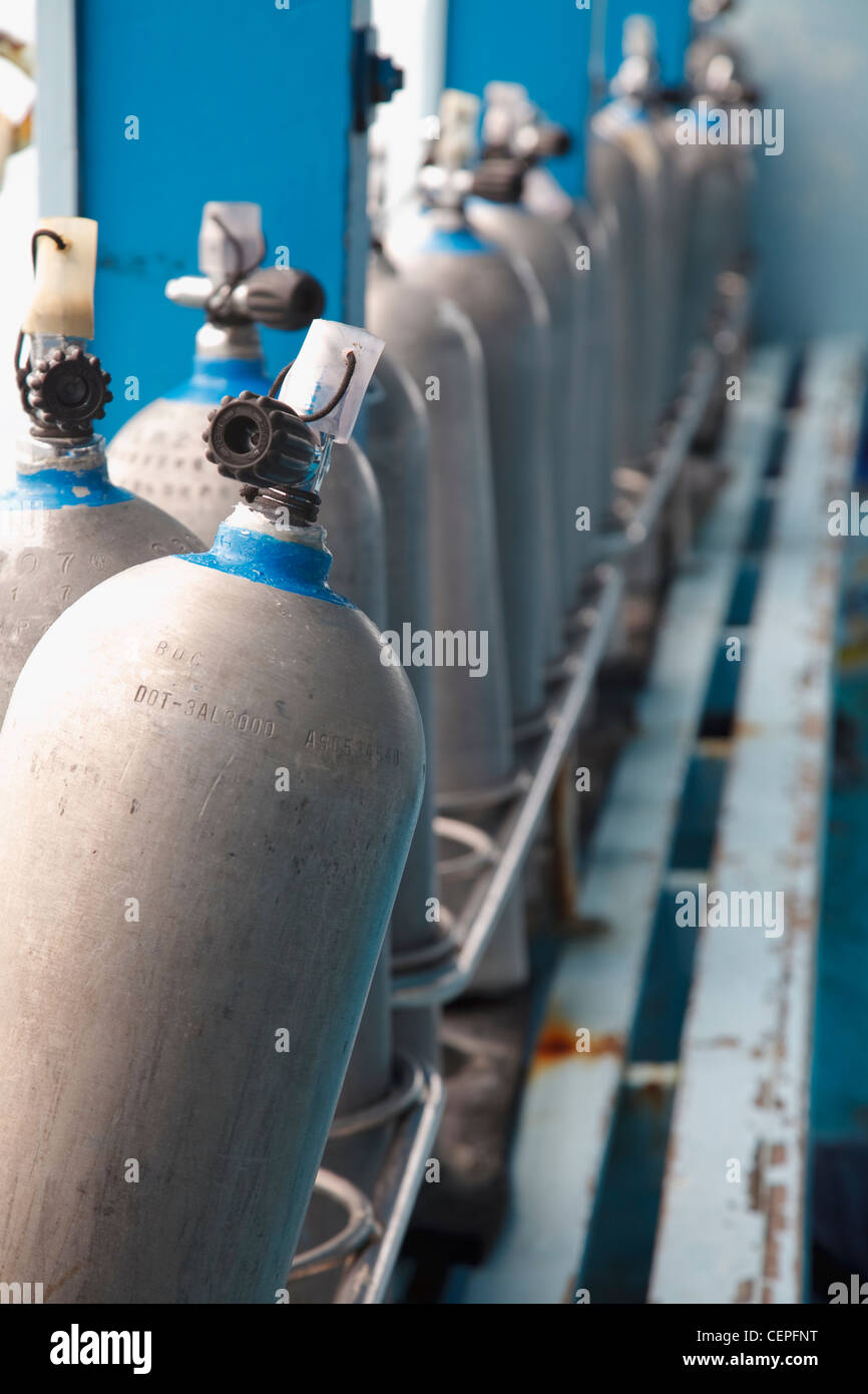 scuba tanks on a dive boat; koh tao, thailand Stock Photo Alamy