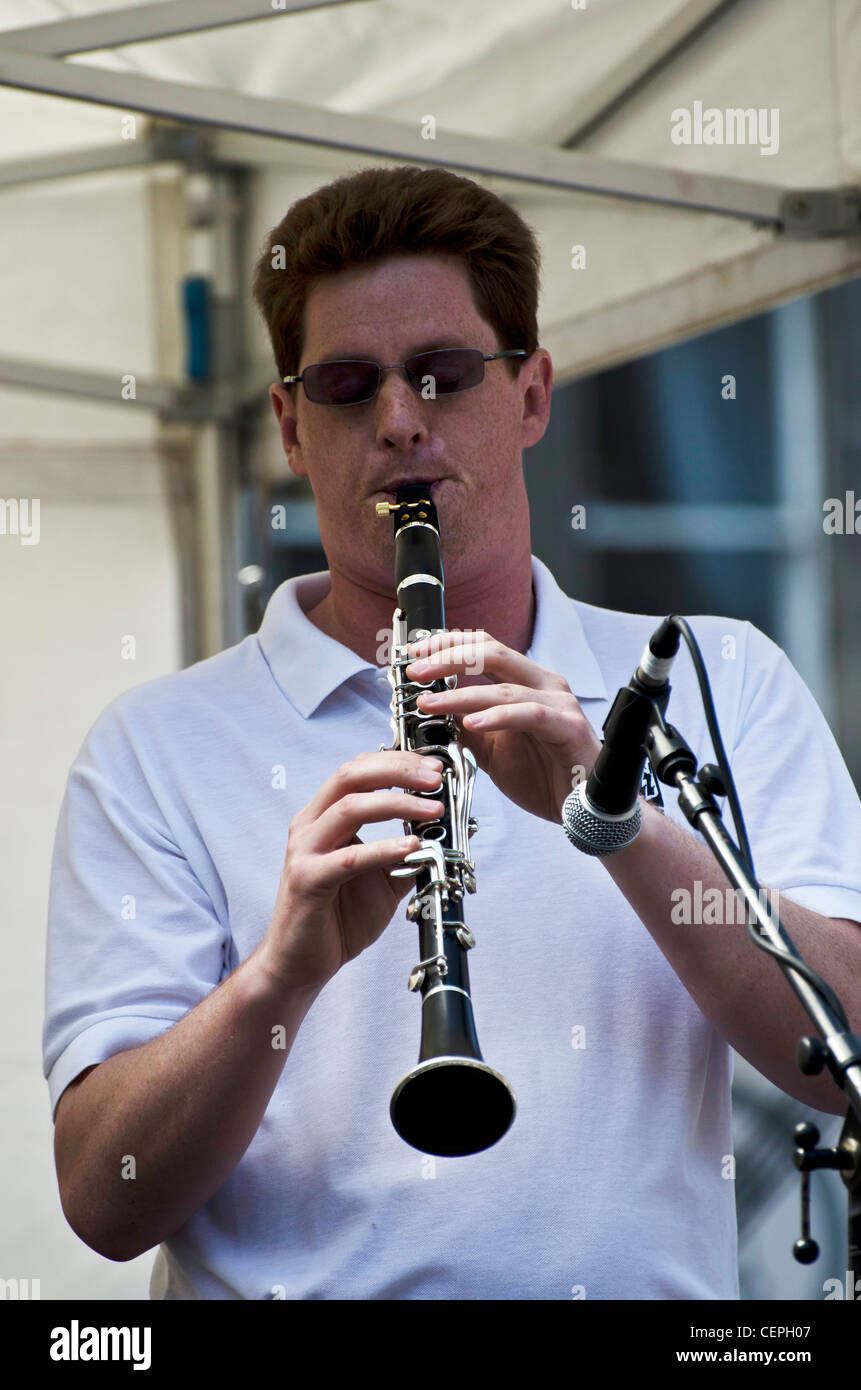 Duncan Hemstock playing with Laurie Chescoe's Reunion Jazz Band at the opening of the Edinburgh Jazz and Blues Festival. Stock Photo