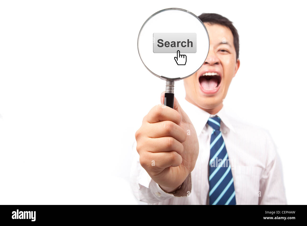 happy young business man holding Magnifier and internet search engine concept Stock Photo