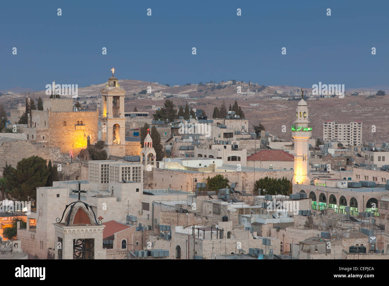 Panoramic skyline of Bethlehem at dusk , Palestine Stock Photo
