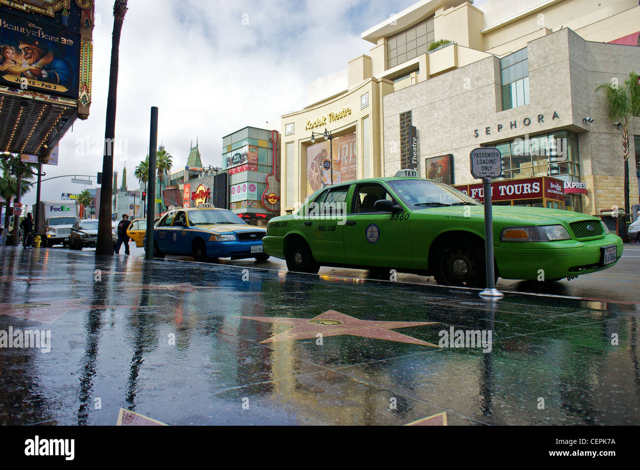 Yellow taxi cab and star on Hollywood Boulevard, California, USA Stock