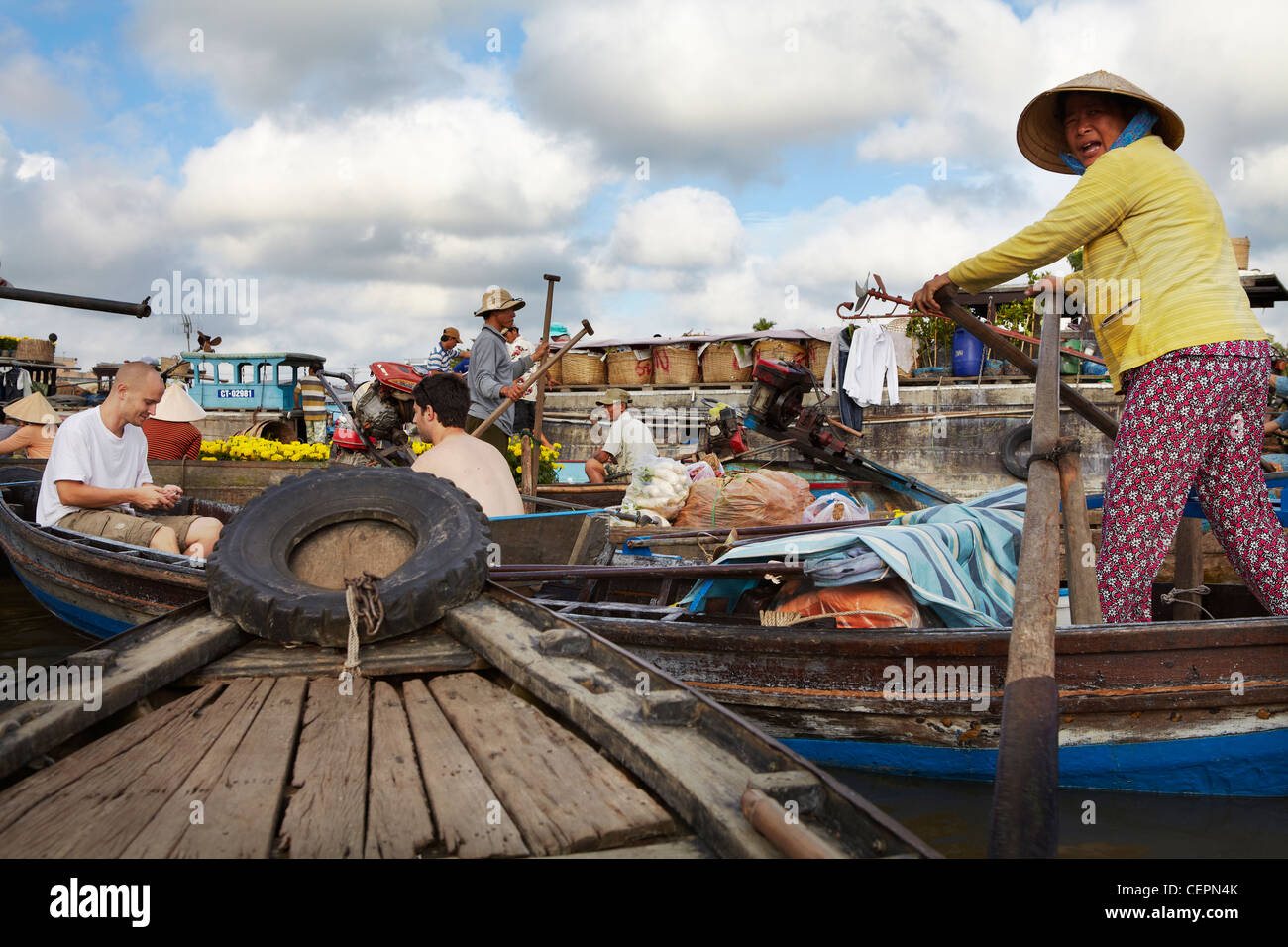 Vietnamese floating market on Mekong river near Can Tho Stock Photo