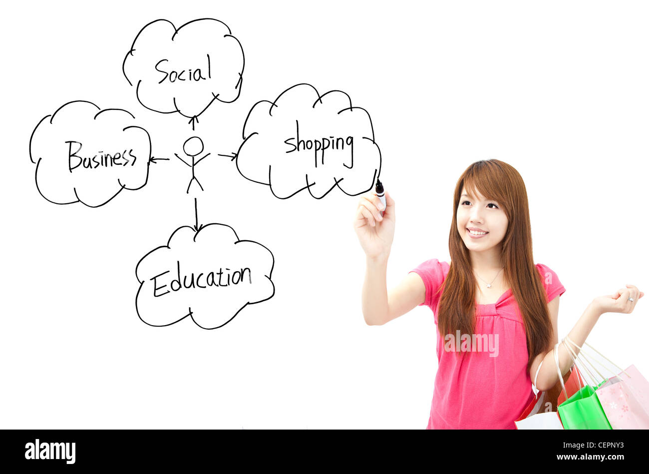 smiling girl drawing internet service cloud map Stock Photo