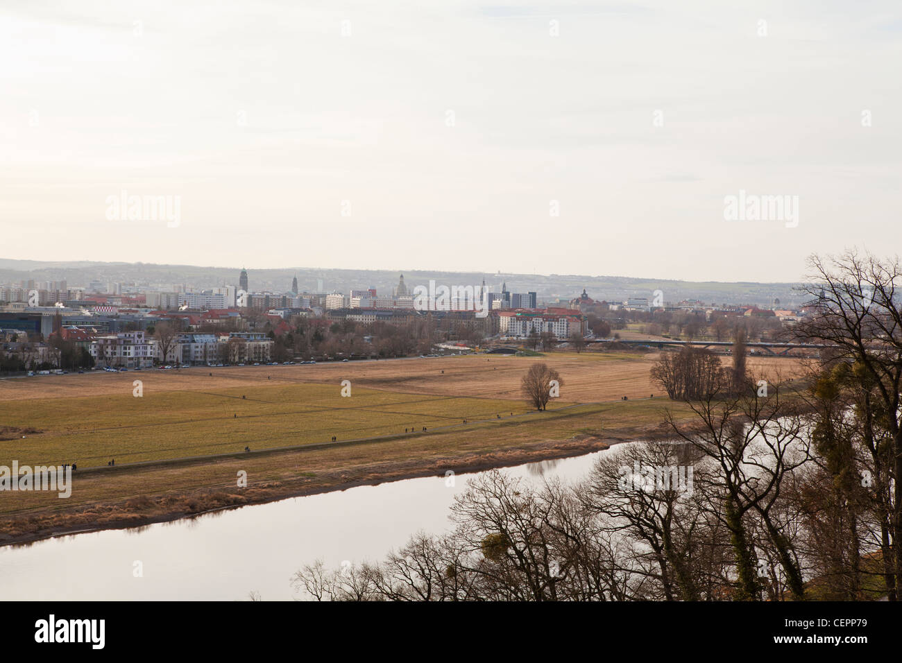 View of the River Elbe in Dresden from the Riverside Palace of Schloss Albrechtsberg. Stock Photo