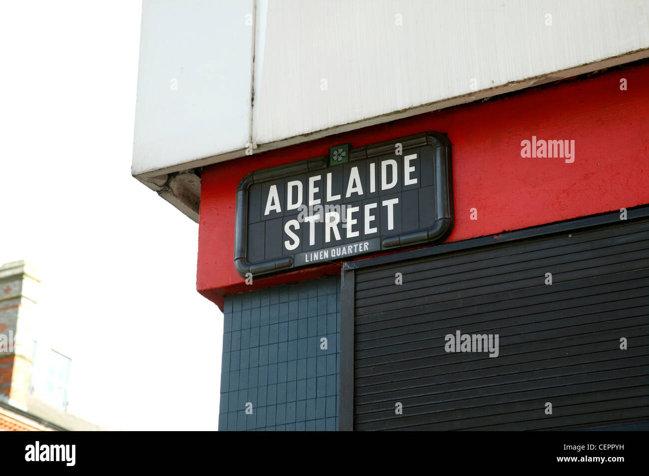 A close up of Adelaide Street sign in the Linen Quarter of Belfast. Stock Photo