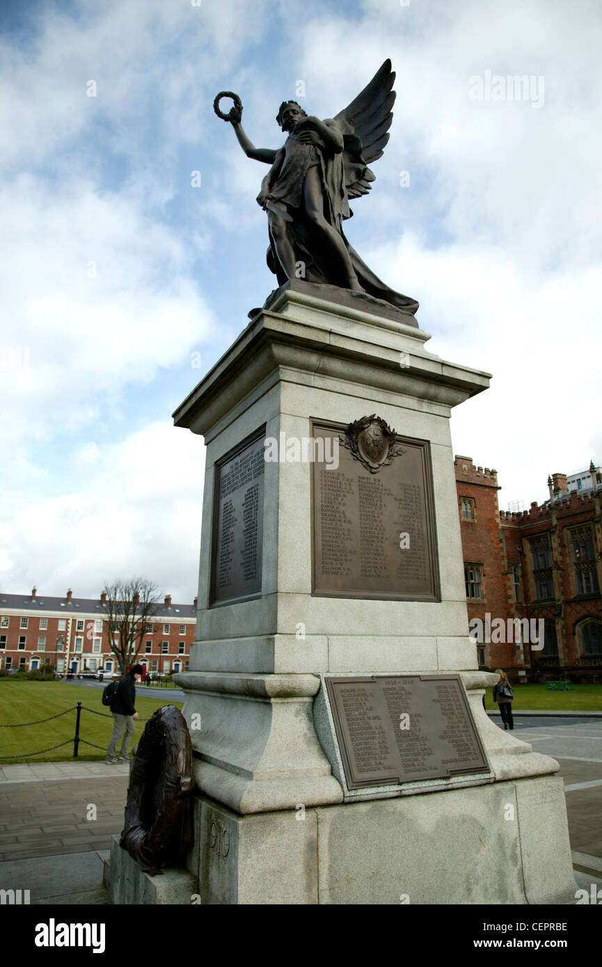 The statue of an Angel in front of the Queens University of Belfast