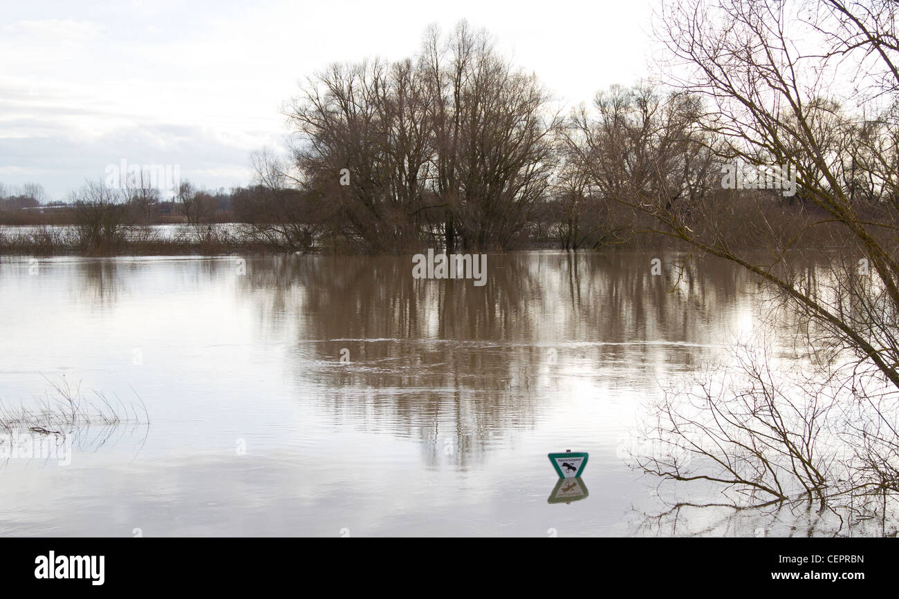 flood signboard conservation danube Naturschutz Stock Photo