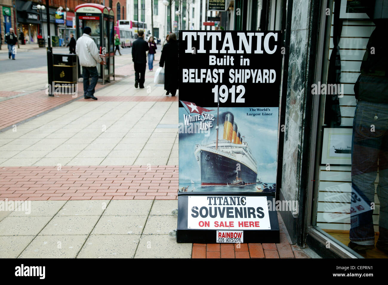 A Titanic souvenirs advert on the shopping streets of Belfast. Stock Photo