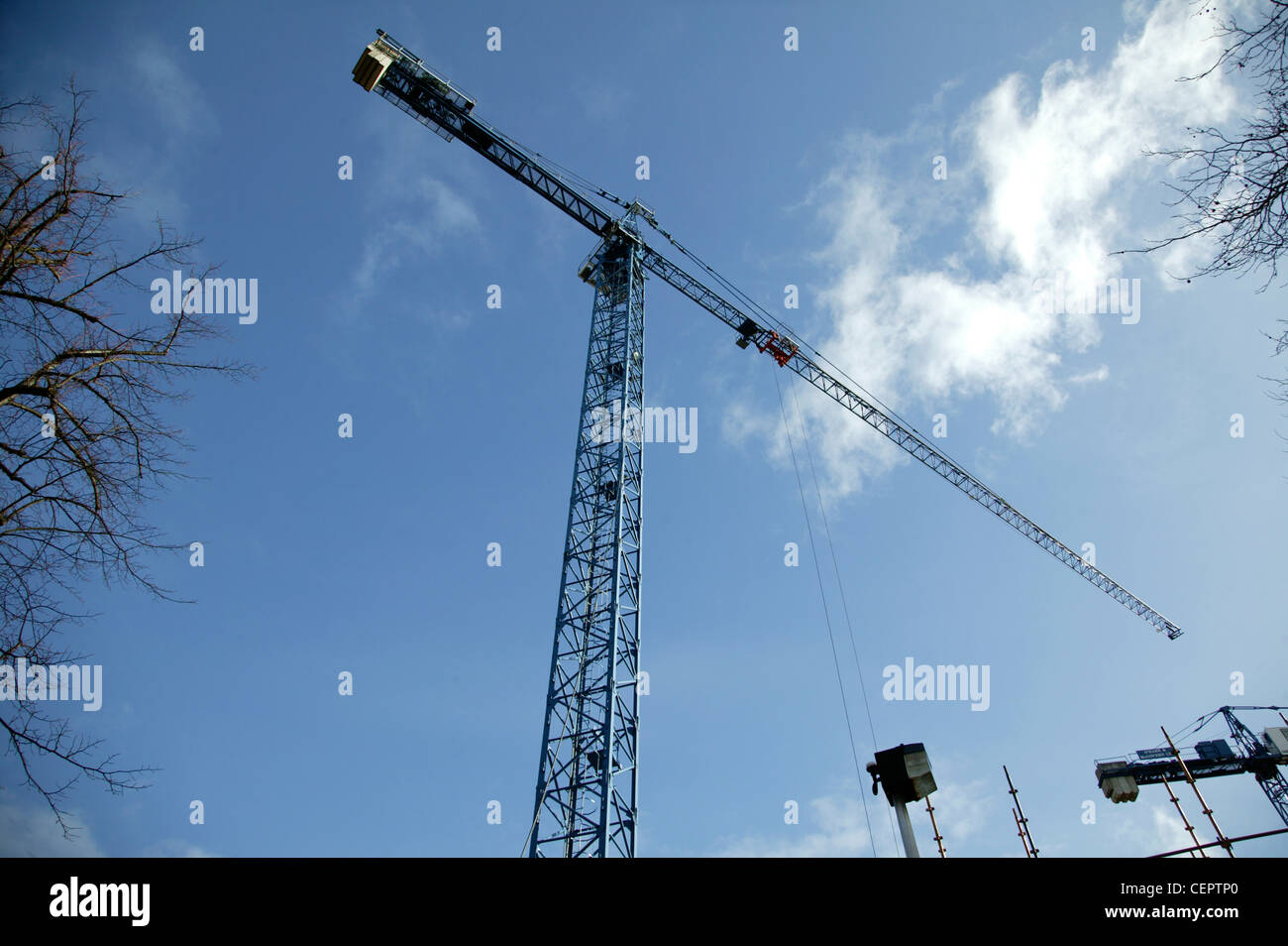 Looking up to blue skies above cranes in Belfast. Stock Photo