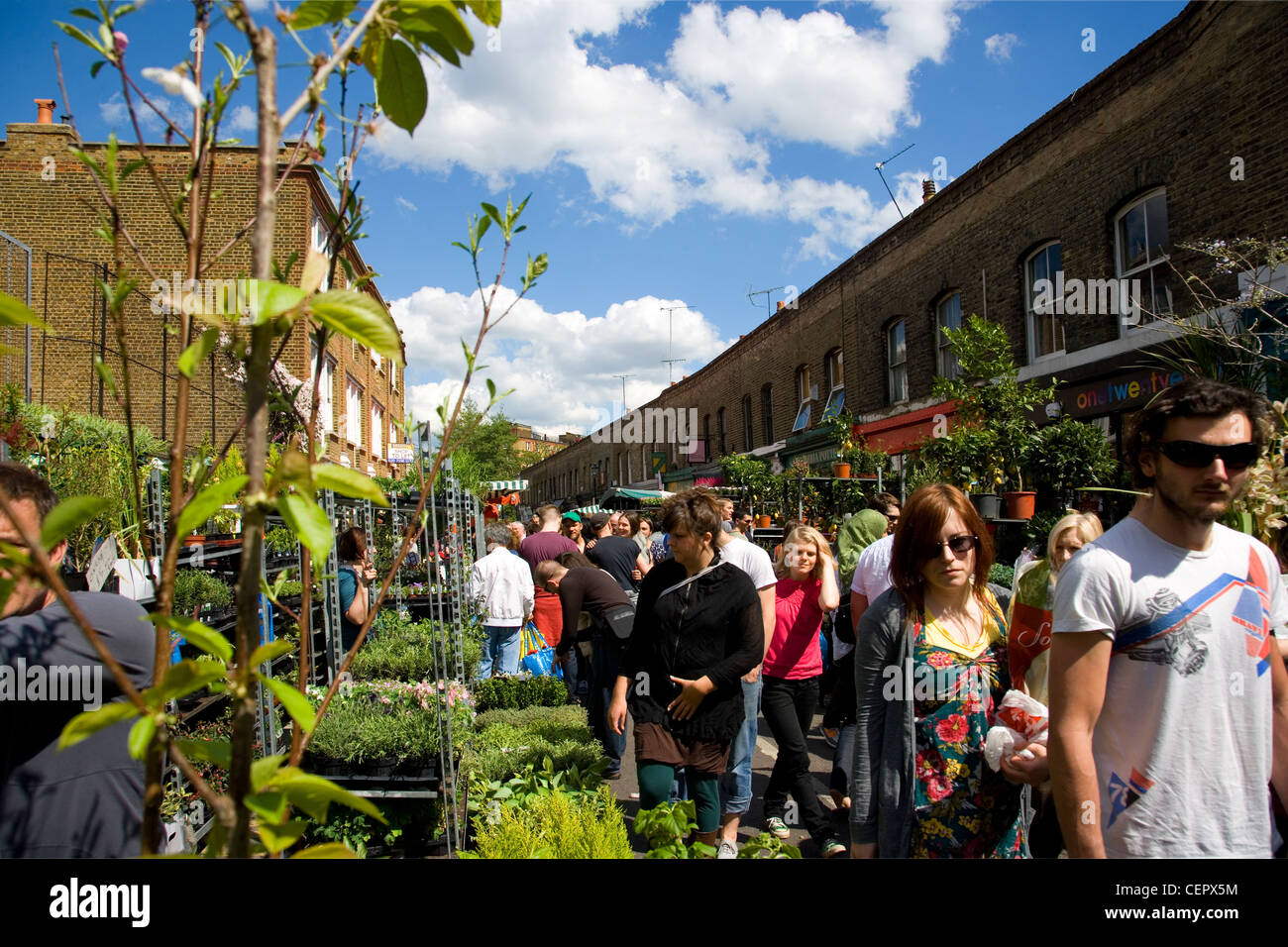 Columbia Road packed with people at the Columbia Road flower market held every Sunday. Stock Photo